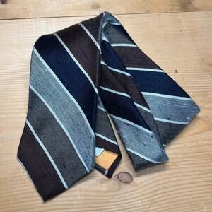 VTG MCM Mens Necktie 60s 70s Brown Navy Blue Stripe Acrylic Silk Blend 3 1/4x54"